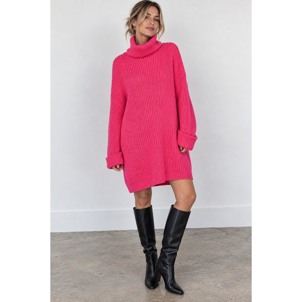 NA-KD Pink Oversized Turtleneck Sweater Dress Chunky Knit Tunic L XL